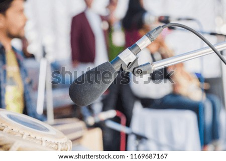 Musical instruments with microphone stand in the Concert,close up of playing Musical instruments background,Drums.