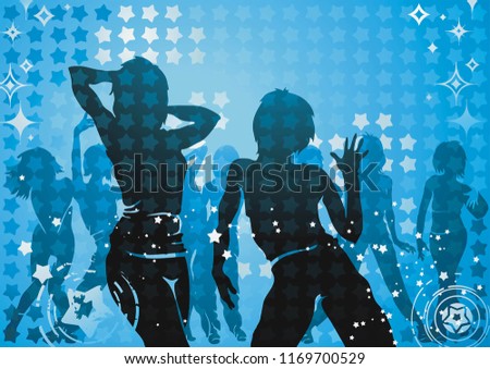 Dancing people. Elegant template with group of young detailed silhouettes of girls. Vector illustration for print or background