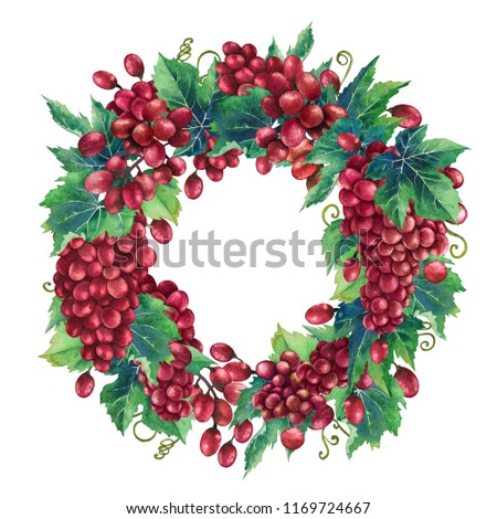 Watercolor wreath made of red grape bunches and leaves. Hand painted botanical design isolated on white background