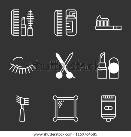 9 simple transparent vector icon pack, set of black icons such as Shaver, Mirror, Mascara, Lipstick, Scissors, Toothbrush, Lotion, Makeup
