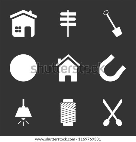 9 simple transparent vector icon pack, set of black icons such as Scissors, Wire Roll, Lamp, Magnet, Home, Screw, Shovel, Direction, Home