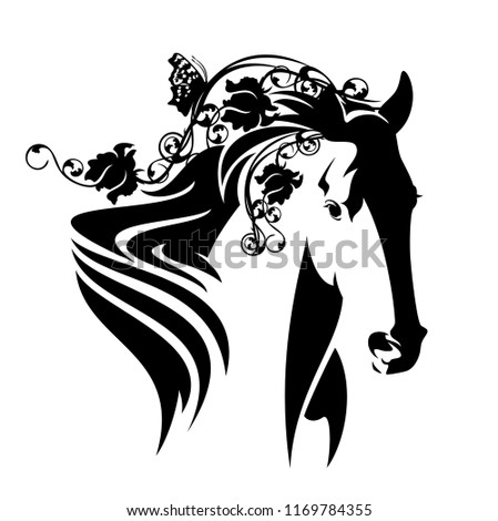 horse head among rose flowers with butterfly - black and white fauna and flora concept vector design