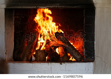 Firewood burning in the rural rustic hearth.
