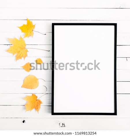 Autumn composition. Colorful leaves, front view of empty photo frame on white wooden rustic background. Autumn concept. Flat lay, top view, copy space. square 