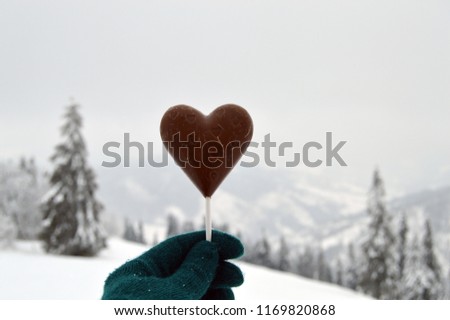 It's all about love. Mountains, Carpathians, Chocolate heart, Candy, Trees, Winter, Snow, Holding heart. 