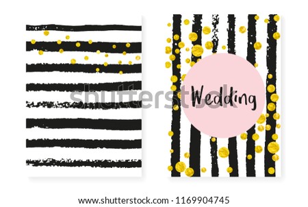 Wedding invitation set with dots and sequins. Bridal shower cards with gold glitter confetti. Vertical stripes background. Retro wedding invitation set for party, event, save the date flyer.