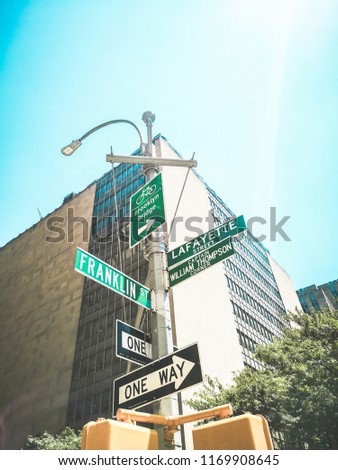 New York road signs - Street view of NY city - Travel, vacation, metropolis city lifestyle and cityscape concept