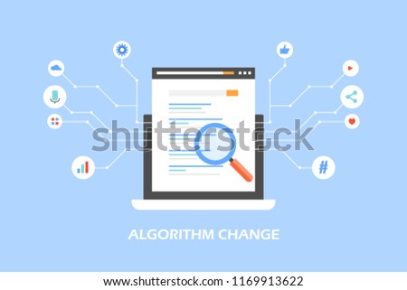 Algorithm change, update, search engine algorithm signals flat design vector concept with icons on blue background Royalty-Free Stock Photo #1169913622