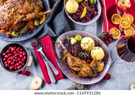 Christmas roast duck served on a festive table