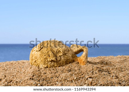 Ancient amphora lying on the sand against the blue sky, found in Greece
