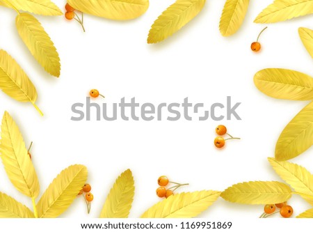 Fall Foliage. Autumn background with golden leaves and realistic rowan berries.