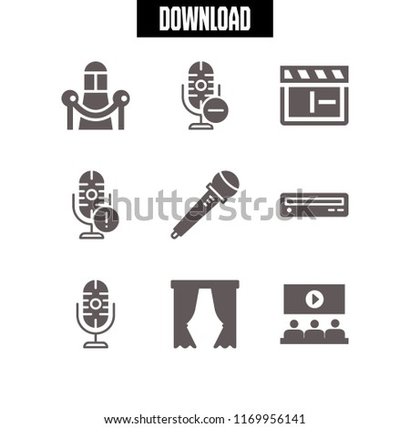 theater icon. 9 theater vector set. curtains, microphone, premiere and clapperboard icons for web and design about theater theme