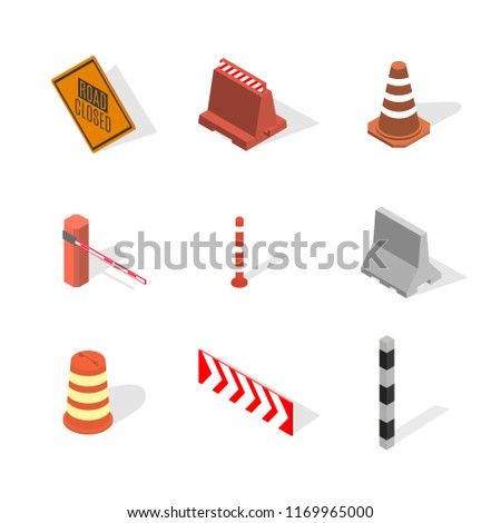 Set of different signs road repairs, isolated on white background. Under construction design elements. Flat 3D isometric style, vector illustration.