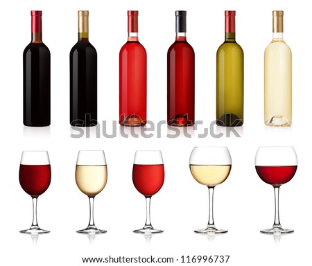 Set of white, rose, and red wine bottles and glas. isolated on white background Royalty-Free Stock Photo #116996737