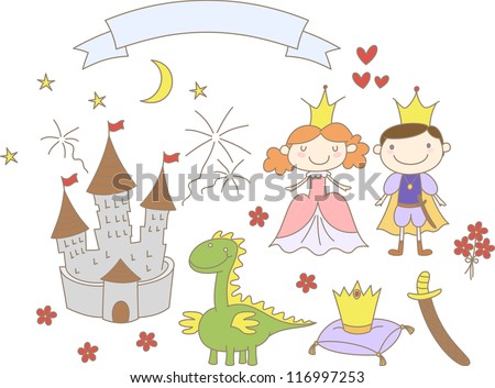 Hand drawn kingdom set with prince, princess, dragon, castle and ribbon banner. Vector illustration