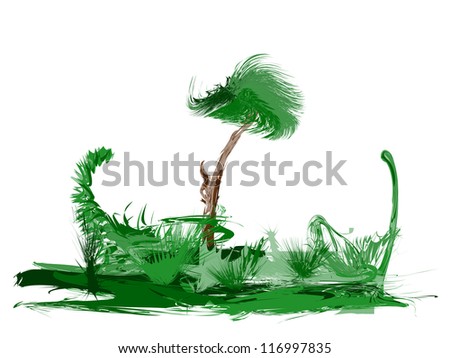 Vector illustration of green island with a palm tree and grass