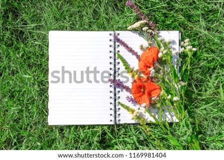 Open notepad with white paper on background of green grass and poppy meadow flowers. Natural, ecological mockup. Blank notebook recycle paper open two page with copy space area on lawn with sunlight