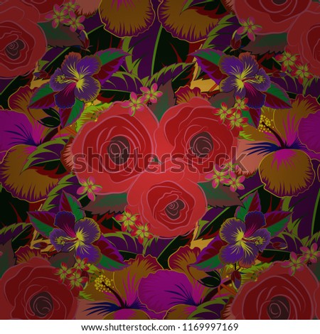 Seamless hand-drawn vector rose flower pattern in purple, orange and red colors.