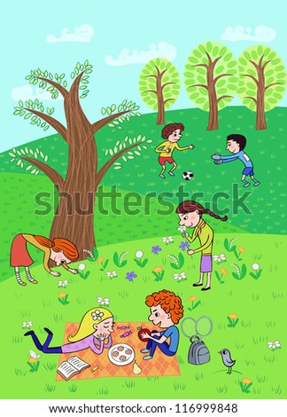Kids spending time outdoor on a summer day.Vector illustration.