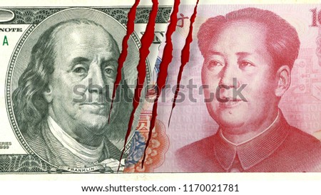 USA versus China, economic war concept. Bills of usa and china on flags  backgrounds. USA vs China concepts, 3D rendering