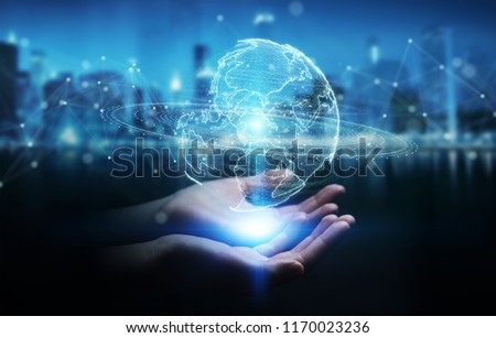 Businesswoman on blurred background using globe network hologram with America Usa map 3D rendering