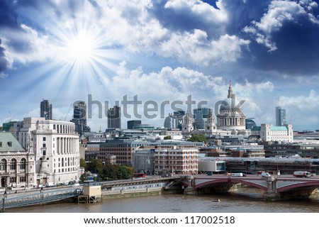 City of London one of the leading centers of global finance and St Paul Cathedral on foreground.