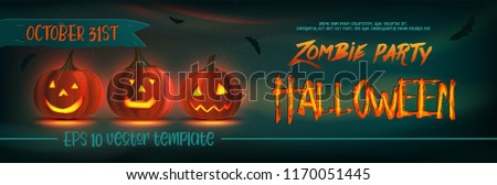 Halloween party flyer with spooky pumpkin head, bat, mystick light on dark blurred background. Vector illustration. Halloween vector background. Template for invitation, advertisement, banner, card