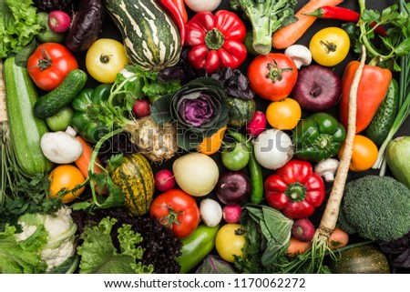 Composition with assorted raw vegetables, healthy food background. Concept of healthy food, fresh vegetables.Top view, copy space Royalty-Free Stock Photo #1170062272