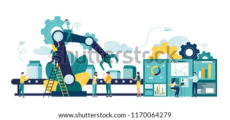 Vector illustration, a production line with workers, automation and user interface concept: user connecting with a tablet and sharing data with a cyber-physical system, Smart industry 4.0 Royalty-Free Stock Photo #1170064279