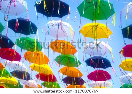 The sky of colorful umbrellas. Street with umbrellas.Umbrella Sky. In Ukraine. Sumy city