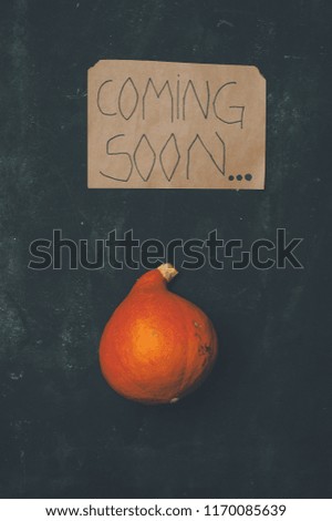 Small pumpkin with written card "coming soon" top view flat lay. Fall, autumn and Halloween concept