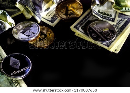 Gold coin bitcoin among crumpled dollar bills ethereum