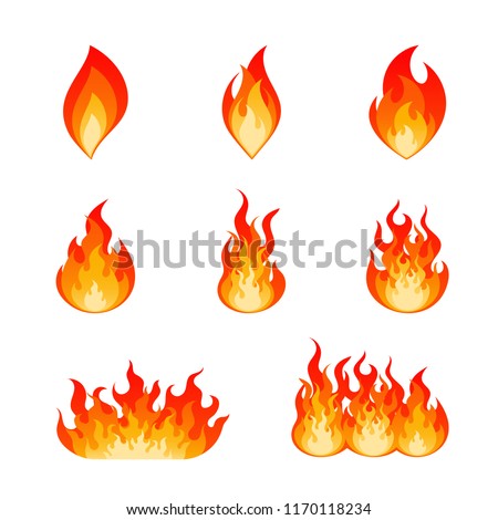 Collection of flat vector flare flames and bonfire. Nine type of burning fire flame and hot blazing campfire illustration set in red, orange and yellow colors isolated on white background. Royalty-Free Stock Photo #1170118234