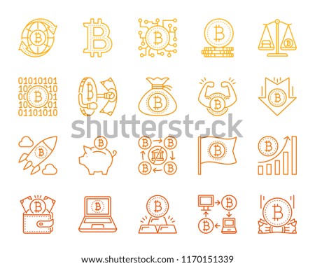 Bitcoin thin line icons set. Outline monochrome sign kit of crypto currency. Digital Money linear icon chip rocket, paper cash, world market. Simple bitcoin contour symbol isolated Vector Illustration