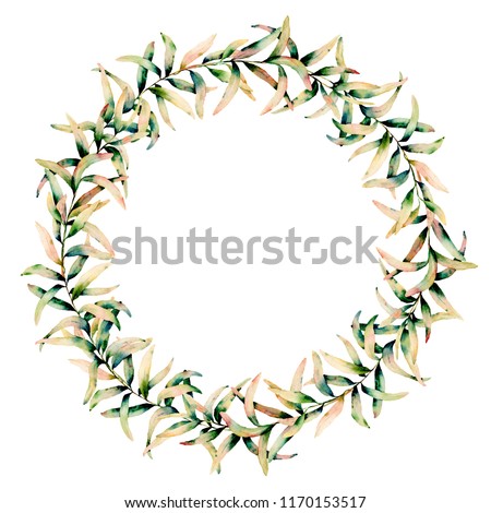 Watercolor autumn grass branch wreath. Hand painted green and yellow branch of grass isolated on white background. Botanical illustration for design, background and fabric. Fall print