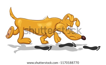 Cartoon illustration of a funny bloodhound dog with fixed look searching footprints