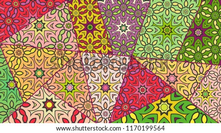 Vector patchwork quilt pattern. Vintage decorative collage. Hand drawn background. Indian, Arabic, Turkish motifs for printing on fabric or paper. Abstract colorful doodle pattern in mosaic style