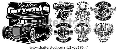 Vintage black and white logos, badges, shirt prints of car service.