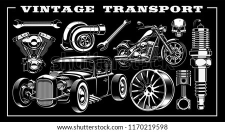 Design set of vintage transportation with different illustrations - hot rod, motorcycle, engine, piston and many other.