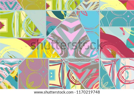 Abstract collage asymmetric pattern. Digital freehand art, grunge texture. Vector patchwork quilt background. Decorative elements, brush strokes ornament for flyer, poster, cover, textile fabric print
