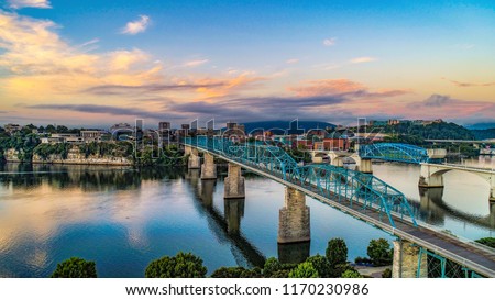Drone Aerial View of Downtown Chattanooga Tennessee TN and Tennessee River Royalty-Free Stock Photo #1170230986