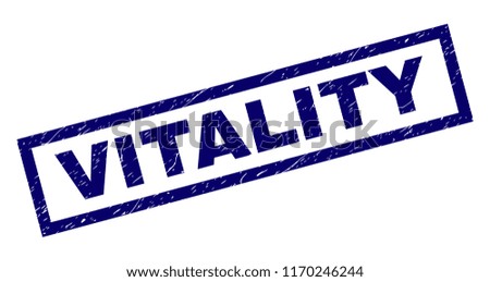 Rectangle VITALITY seal stamp with distress texture. Rubber seal imitation has rectangle frame. Blue vector rubber print of VITALITY text with scratched texture.