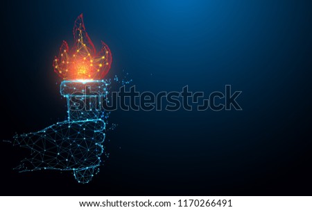 Hand holding torch flame form lines, triangles and particle style design. Illustration vector
