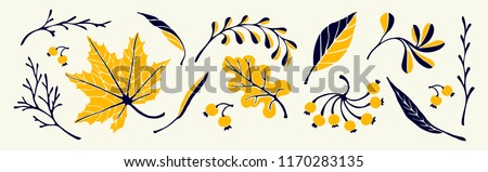 Set of autumn leaves in cartoon style. A cute background. Seasonal banner. September fall. October party. November  sale. Decorative border. Halloween. Maple branch.  Vector illustration.