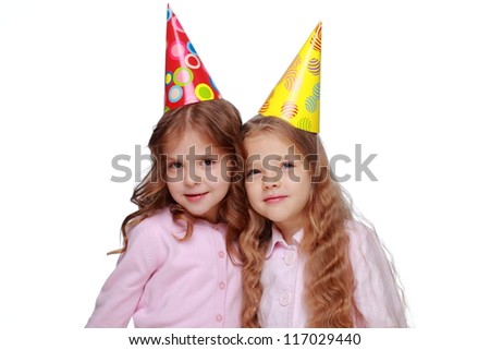 image of two friends isolated on white background on Holiday theme/Joyful girls