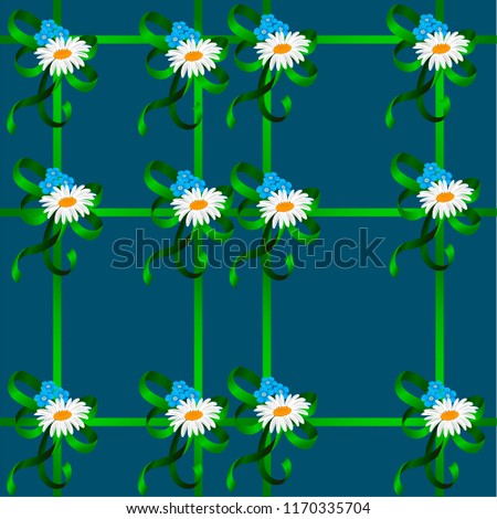 Vector illustration seamless pattern ribbon weave with bows decorated with chamomile flowers and forget-me-nots