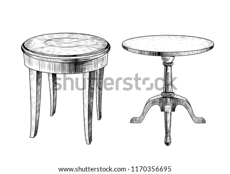 Two coffee tables. Hand-drawn vector 
illustration in vintage style. Isolated design elements. Clipart. 