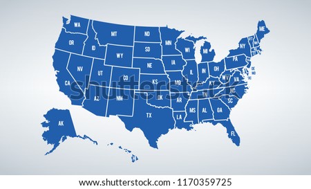 Vector USA colors map with borders of states and shorts name of each states Royalty-Free Stock Photo #1170359725