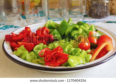 prepared for canning, clean washed and cut into pieces sweet pepper