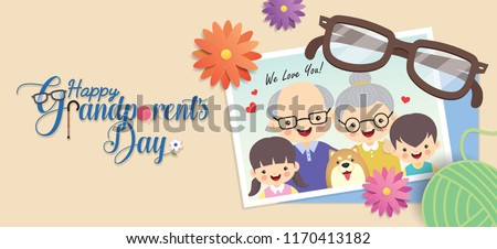 Happy Grandparent's Day. Photo of cute cartoon grandparents & grandchildren with dog. Photo frame with flowers, eyeglasses, yarn ball and greeting lettering. Vector illustration. Royalty-Free Stock Photo #1170413182